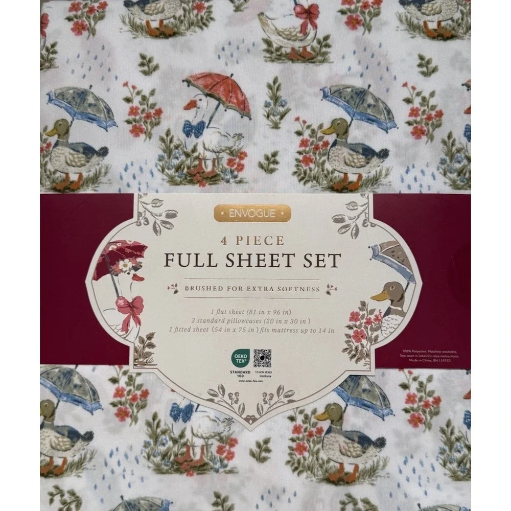 En‎ Vogue Full Sheet Set Spring Duck Umbrella Floral Print 4 Piece New